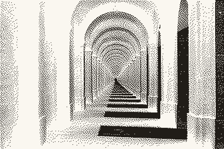 A long colonnade of repeating arches receding into shadow