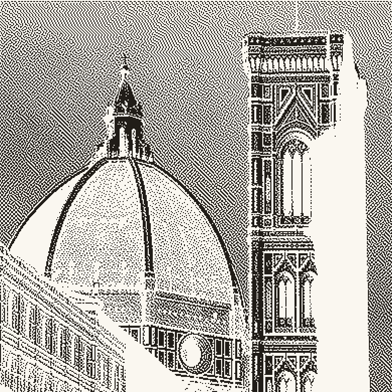 A domed cathedral and bell tower, rendered as a fine engraving